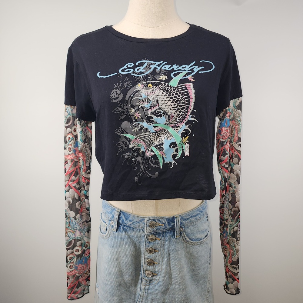 Ed Hardy Womens Koi Fish Graphic Crop Top Mesh Tattoo Sleeves Black‎ XL
